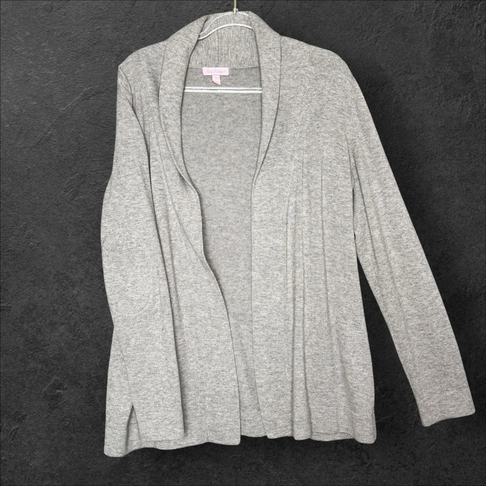 Lilly Pulitzer Cardigan Sweater Womens Large Cotton Merino Wool Gray Elbow Patch